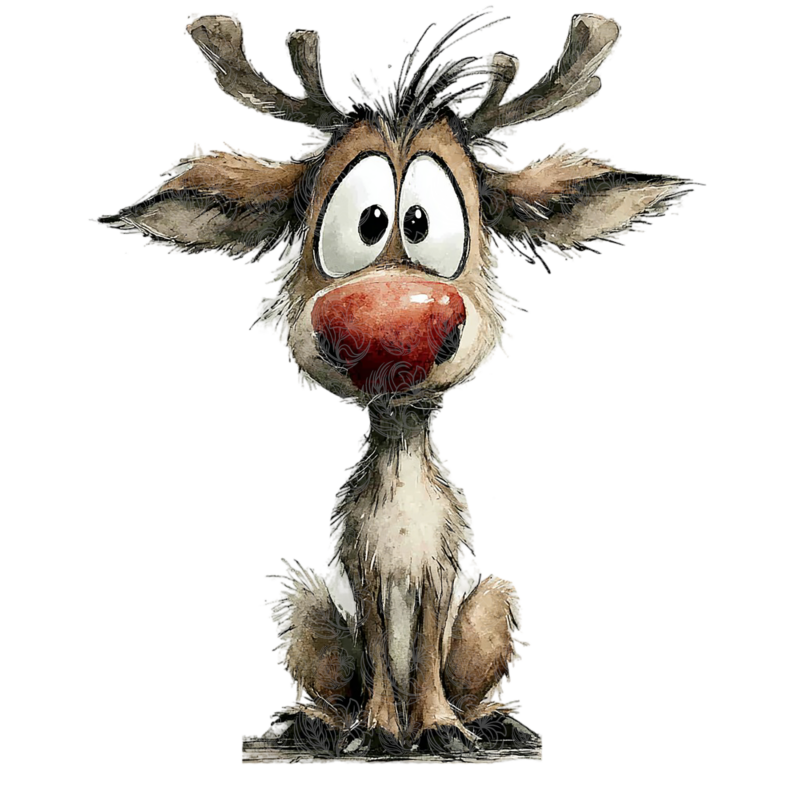 funny reindeer cartoon character with wild antlers and oversized red nose, Grey Barn Handwerk, Saskatchewan.